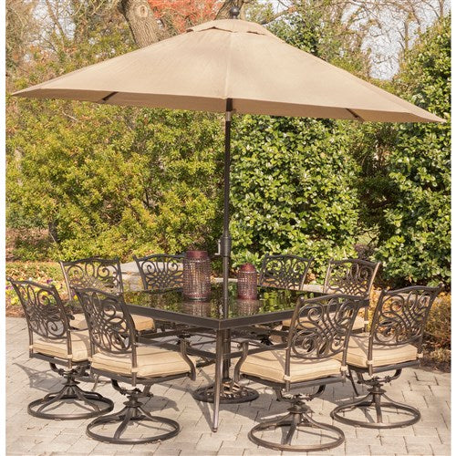 Hanover - Traditions 9pc: 8 Swivel Rockers, 60" Square Glass Top Table, Umbrella, Base - Tan/Glass-United Backyard