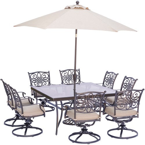 Hanover - Traditions 9pc: 8 Swivel Rockers, 60" Square Glass Top Table, Umbrella, Base - Tan/Glass-United Backyard