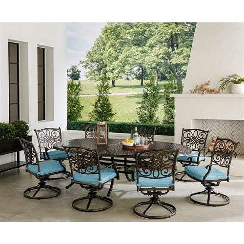 Hanover - Traditions 9pc: 8 Swivel Rockers, 96"x60" Oval Cast Table - Blue/Bronze-United Backyard