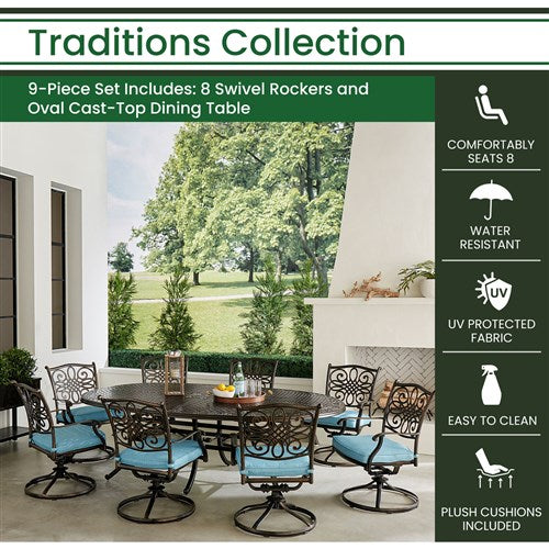 Hanover - Traditions 9pc: 8 Swivel Rockers, 96"x60" Oval Cast Table - Blue/Bronze-United Backyard