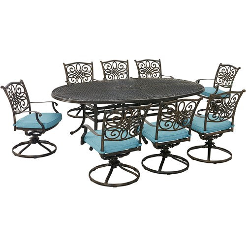 Hanover - Traditions 9pc: 8 Swivel Rockers, 96"x60" Oval Cast Table - Blue/Bronze-United Backyard