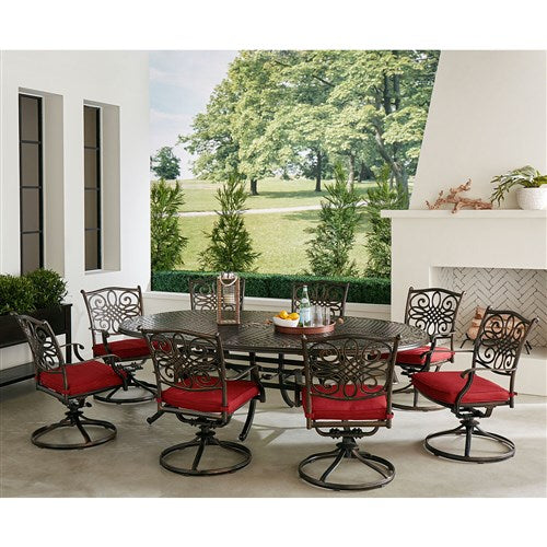 Hanover - Traditions 9pc: 8 Swivel Rockers, 96"x60" Oval Cast Table - Red/Bronze-United Backyard