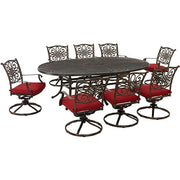 Hanover - Traditions 9pc: 8 Swivel Rockers, 96"x60" Oval Cast Table - Red/Bronze-United Backyard