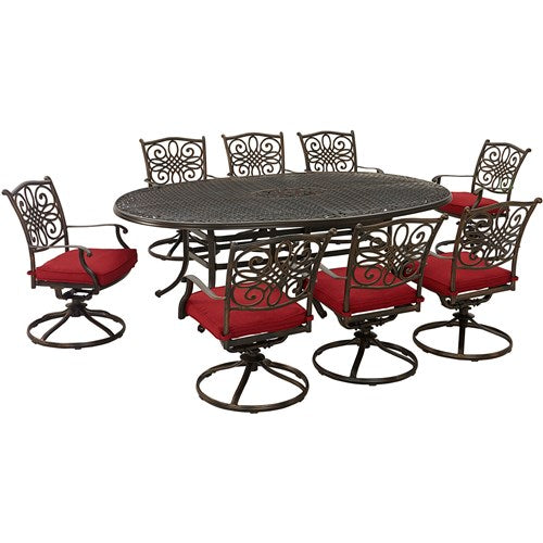 Hanover - Traditions 9pc: 8 Swivel Rockers, 96"x60" Oval Cast Table - Red/Bronze-United Backyard