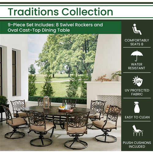 Hanover - Traditions 9pc: 8 Swivel Rockers, 96"x60" Oval Cast Table - Tan/Bronze-United Backyard