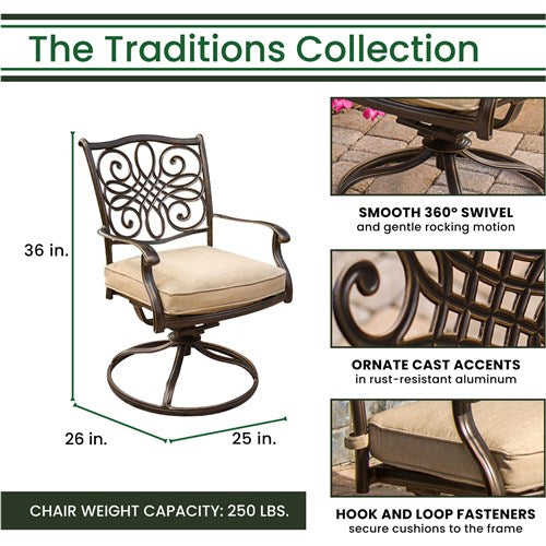 Hanover - Traditions 9pc: 8 Swivel Rockers, 96"x60" Oval Cast Table - Tan/Bronze-United Backyard