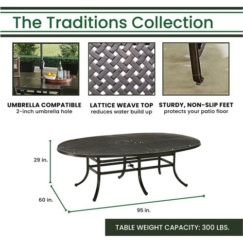 Hanover - Traditions 9pc: 8 Swivel Rockers, 96"x60" Oval Cast Table - Tan/Bronze-United Backyard