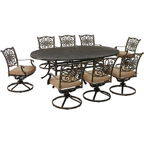 Hanover - Traditions 9pc: 8 Swivel Rockers, 96"x60" Oval Cast Table - Tan/Bronze-United Backyard