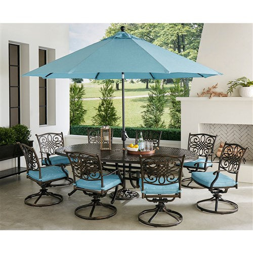 Hanover - Traditions 9pc: 8 Swivel Rockers, 96"x60" Oval Cast Table, Umbrella, Base - Blue/Bronze-United Backyard