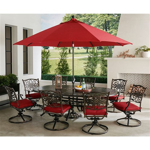 Hanover - Traditions 9pc: 8 Swivel Rockers, 96"x60" Oval Cast Table, Umbrella, Base - Red/Bronze-United Backyard