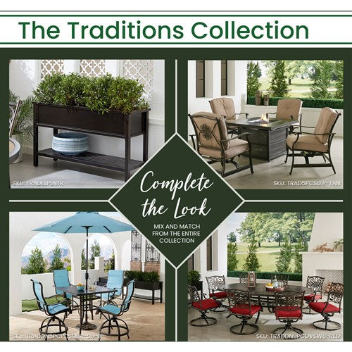 Hanover - Traditions 9pc: 8 Swivel Rockers, 96"x60" Oval Cast Table, Umbrella, Base - Tan/Bronze-United Backyard