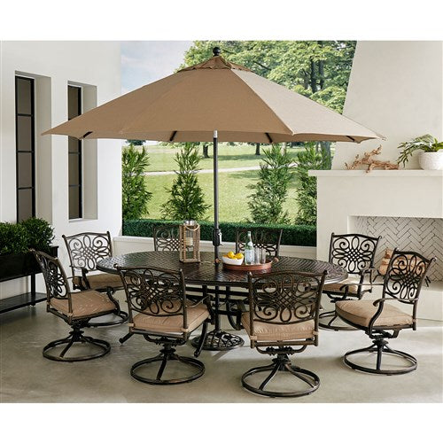 Hanover - Traditions 9pc: 8 Swivel Rockers, 96"x60" Oval Cast Table, Umbrella, Base - Tan/Bronze-United Backyard