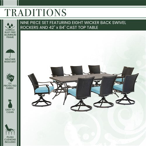 Hanover - Traditions 9pc: 8 Wicker Back Swivel Rockers, 42"x84" Cast Table - Blue/Bronze-United Backyard