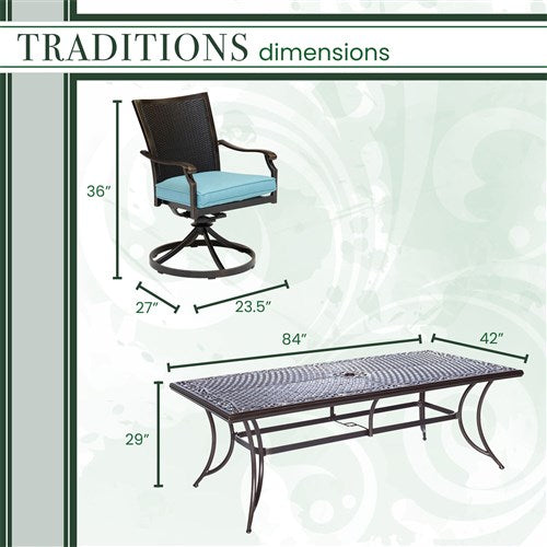 Hanover - Traditions 9pc: 8 Wicker Back Swivel Rockers, 42"x84" Cast Table - Blue/Bronze-United Backyard