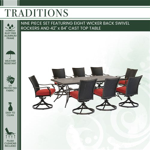 Hanover - Traditions 9pc: 8 Wicker Back Swivel Rockers, 42"x84" Cast Table - Red/Bronze-United Backyard