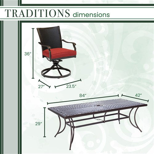 Hanover - Traditions 9pc: 8 Wicker Back Swivel Rockers, 42"x84" Cast Table - Red/Bronze-United Backyard