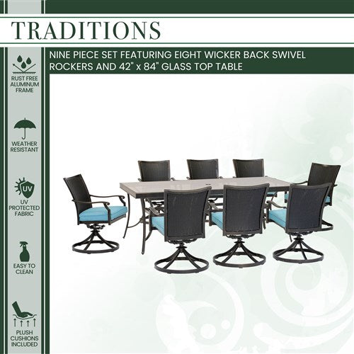 Hanover - Traditions 9pc: 8 Wicker Back Swivel Rockers, 42"x84" Glass Table - Blue/Bronze-United Backyard