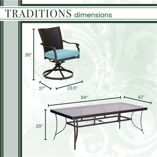 Hanover - Traditions 9pc: 8 Wicker Back Swivel Rockers, 42"x84" Glass Table - Blue/Bronze-United Backyard