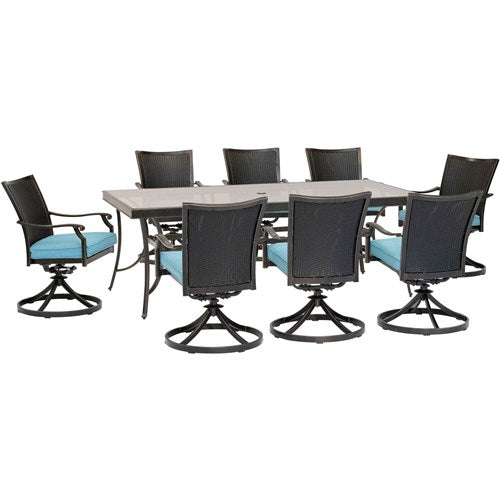 Hanover - Traditions 9pc: 8 Wicker Back Swivel Rockers, 42"x84" Glass Table - Blue/Bronze-United Backyard