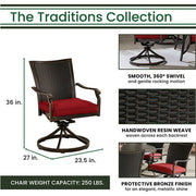 Hanover - Traditions 9pc: 8 Wicker Back Swivel Rockers, 42"x84" Glass Table - Red/Bronze-United Backyard