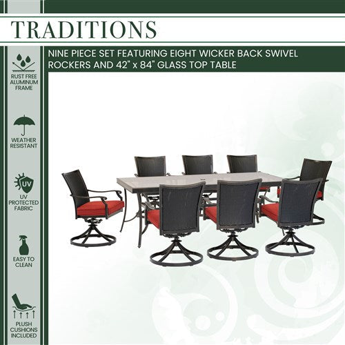 Hanover - Traditions 9pc: 8 Wicker Back Swivel Rockers, 42"x84" Glass Table - Red/Bronze-United Backyard