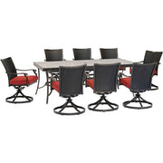Hanover - Traditions 9pc: 8 Wicker Back Swivel Rockers, 42"x84" Glass Table - Red/Bronze-United Backyard