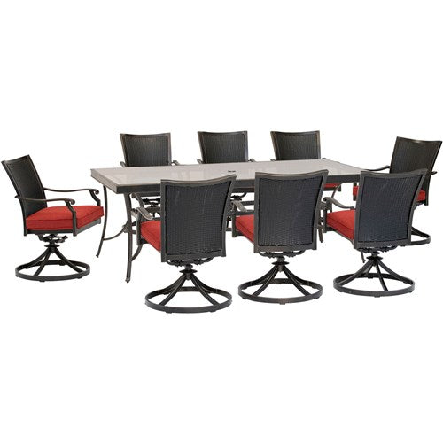 Hanover - Traditions 9pc: 8 Wicker Back Swivel Rockers, 42"x84" Glass Table - Red/Bronze-United Backyard