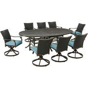 Hanover - Traditions 9pc: 8 Wicker Back Swivel Rockers, 96"x60" Oval Cast Table - Blue/Bronze-United Backyard