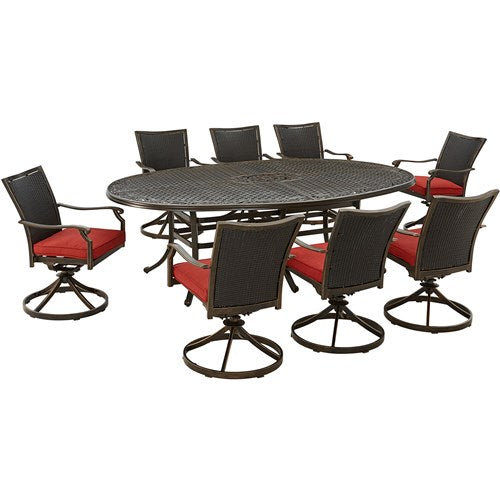 Hanover - Traditions 9pc: 8 Wicker Back Swivel Rockers, 96"x60" Oval Cast Table - Red/Bronze-United Backyard