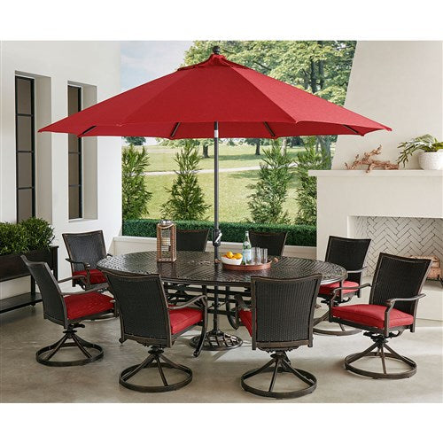 Hanover - Traditions 9pc: 8 Wicker Back Swivel Rockers, 96"x60" Oval Cast Table, Umbrella, Base - Red/Bronze-United Backyard