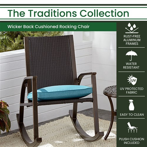 Hanover - Traditions Wicker Back Porch Rocker with Cushion - Blue/Bronze-United Backyard