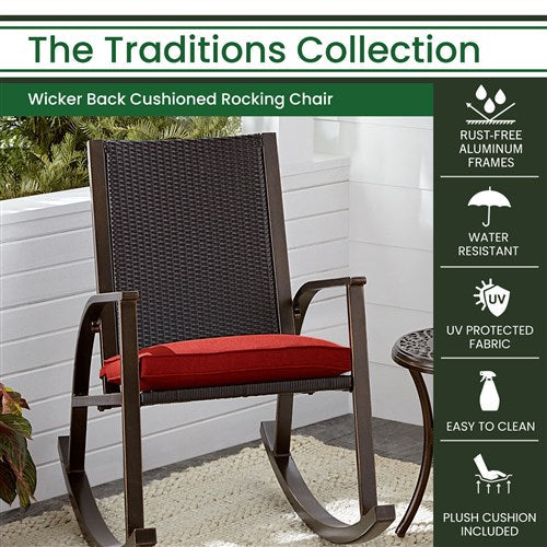 Hanover - Traditions Wicker Back Porch Rocker with Cushion - Red/Bronze-United Backyard