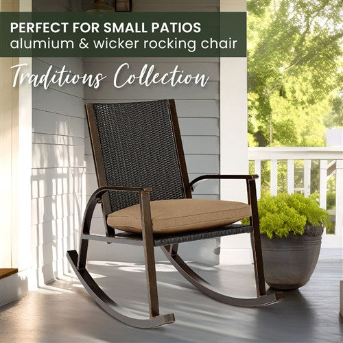 Hanover - Traditions Wicker Back Porch Rocker with Cushion - Tan/Bronze-United Backyard