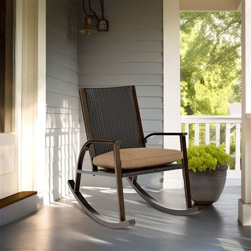 Hanover - Traditions Wicker Back Porch Rocker with Cushion - Tan/Bronze-United Backyard