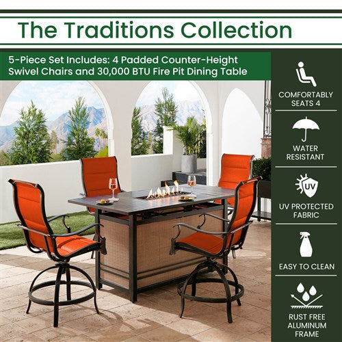 Hanover - Traditions5pc: 4 Padded Swivel Counter Hght Chairs, Slat Fire Pit Table - Red/Bronze-United Backyard