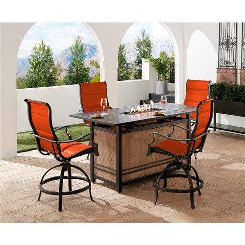 Hanover - Traditions5pc: 4 Padded Swivel Counter Hght Chairs, Slat Fire Pit Table - Red/Bronze-United Backyard