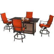 Hanover - Traditions5pc: 4 Padded Swivel Counter Hght Chairs, Slat Fire Pit Table - Red/Bronze-United Backyard