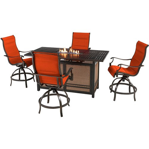 Hanover - Traditions5pc: 4 Padded Swivel Counter Hght Chairs, Slat Fire Pit Table - Red/Bronze-United Backyard