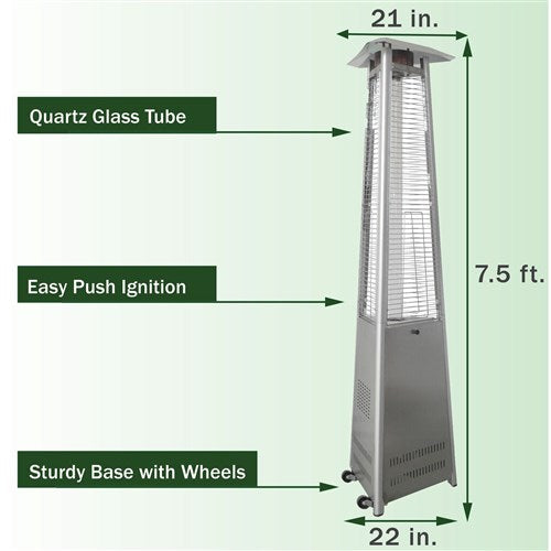 Hanover - Triangle Flame Glass patio heater, 7' tall, propane, 42,000 BTU - Stainless Steel-United Backyard