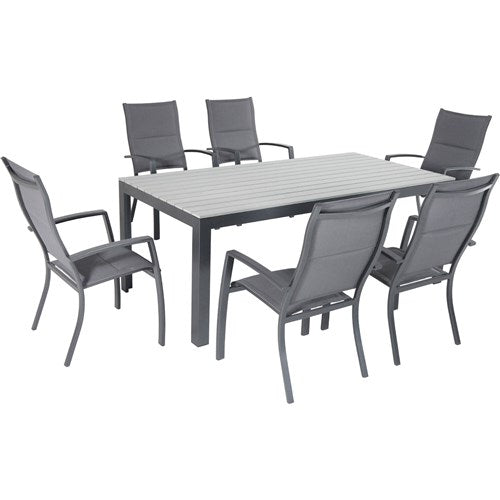 Hanover - Tucson 7pc: 6 Aluminum High Back Padded Chairs, Faux Wood Dining Table - Glass/Gray-United Backyard