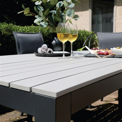 Hanover - Tucson 7pc: 6 Aluminum High Back Padded Chairs, Faux Wood Dining Table - Glass/Gray-United Backyard