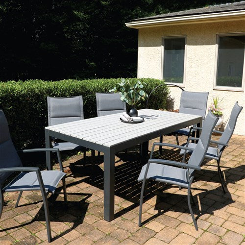 Hanover - Tucson 7pc: 6 Aluminum High Back Padded Chairs, Faux Wood Dining Table - Glass/Gray-United Backyard