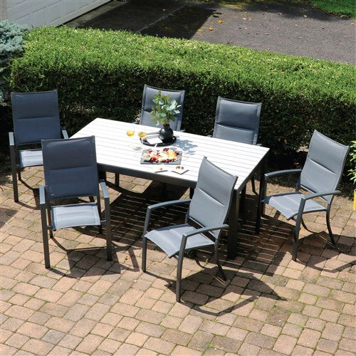 Hanover - Tucson 7pc: 6 Aluminum High Back Padded Chairs, Faux Wood Dining Table - Glass/Gray-United Backyard