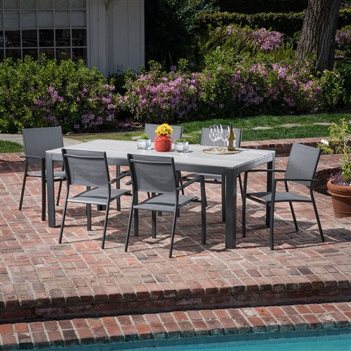 Hanover - Tucson 7pc: 6 Aluminum Sling Chairs, Faux Wood Dining Table - Glass/Gray-United Backyard