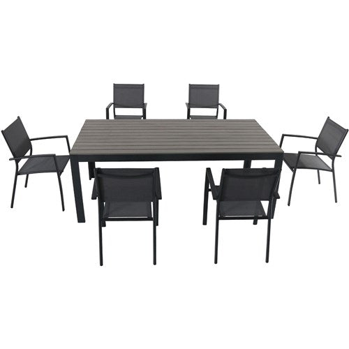 Hanover - Tucson 7pc: 6 Aluminum Sling Chairs, Faux Wood Dining Table - Glass/Gray-United Backyard