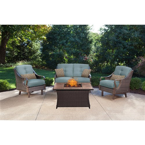 Hanover - Ventura 4pc Fire Pit Set with Tan Tile Top - Brown/Blue-United Backyard