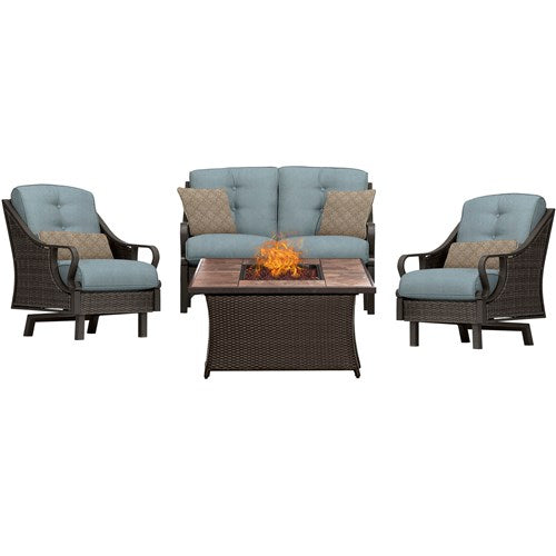 Hanover - Ventura 4pc Fire Pit Set with Tan Tile Top - Brown/Blue-United Backyard