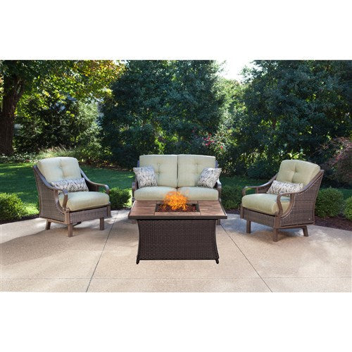 Hanover - Ventura 4pc Fire Pit Set with Tan Tile Top - Brown/Meadow Green-United Backyard