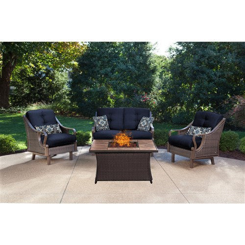 Hanover - Ventura 4pc Fire Pit Set with Tan Tile Top - Brown/Navy-United Backyard