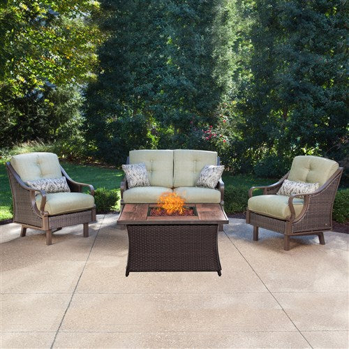 Hanover - Ventura 4pc Fire Pit Set with Wood Grain Tile Top - Brown/Meadow Green-United Backyard